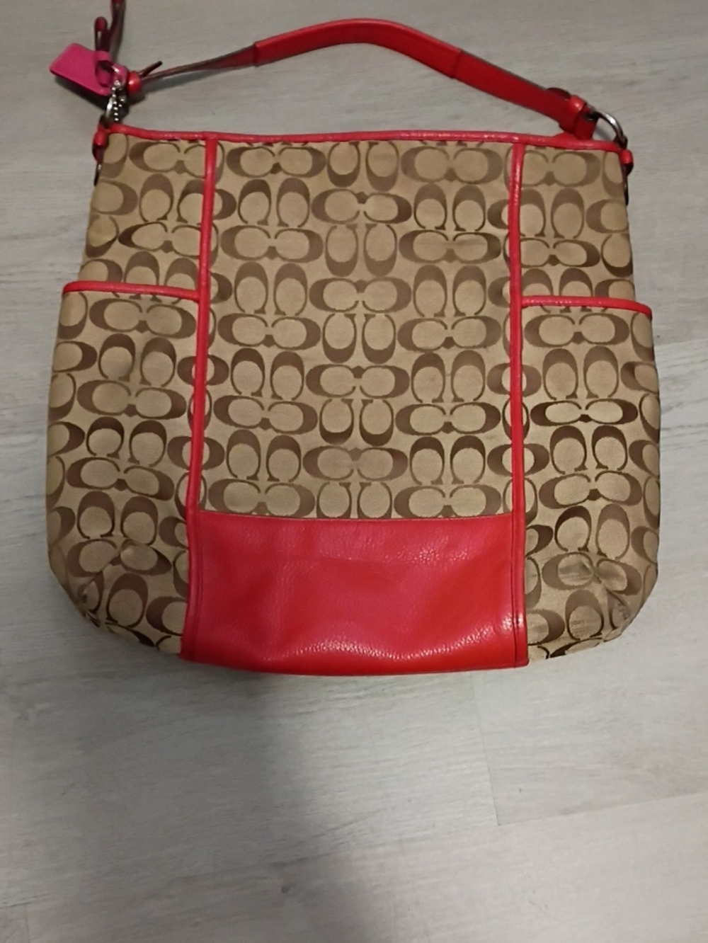 Coach Khaki Signature Canvas Shoulder Bag with Red Trim